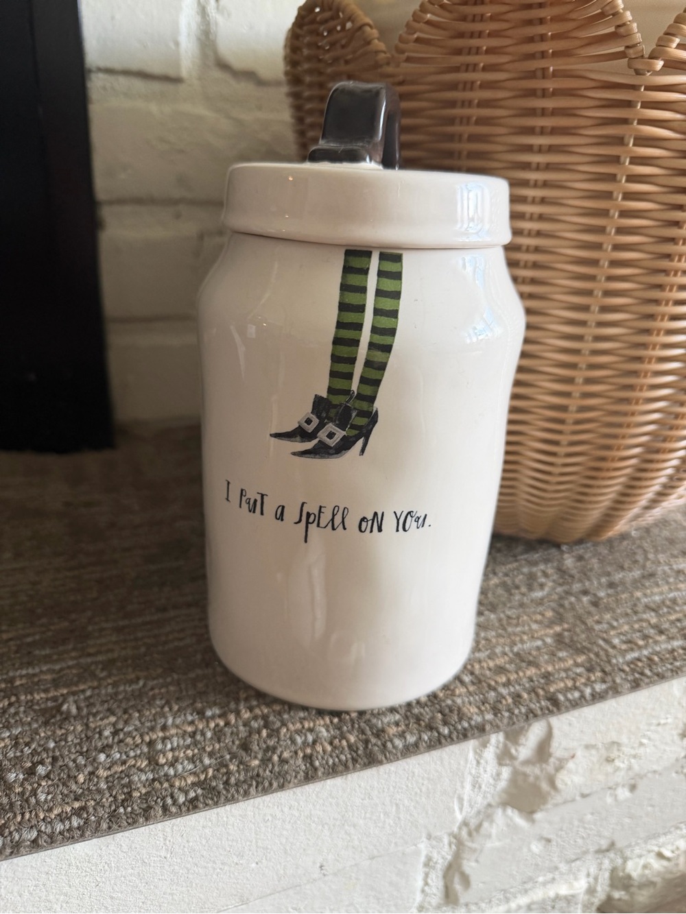 Rae Dunn White Canister with Green Striped Witch Legs and Black Shoes